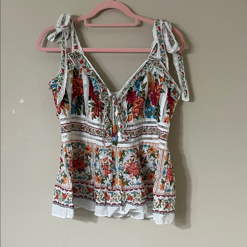 FARM Rio White Floral Tie-Shoulder Peasant Top
